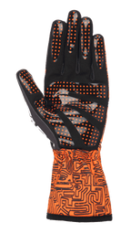 Alpinestars Tech-1 K Race V2 Vertical Handschuhe, Kart-Handschuhe, Fluo-Orange und Schwarz, Ansicht der Handfläche mit schwarzem Synthetik-Wildleder und orangefarbenem Silikon-Punktgrip, Stulpenmanschette mit aufwendigem schwarzem Grafikmuster, entwickelt für präzise Kontrolle beim Karting.