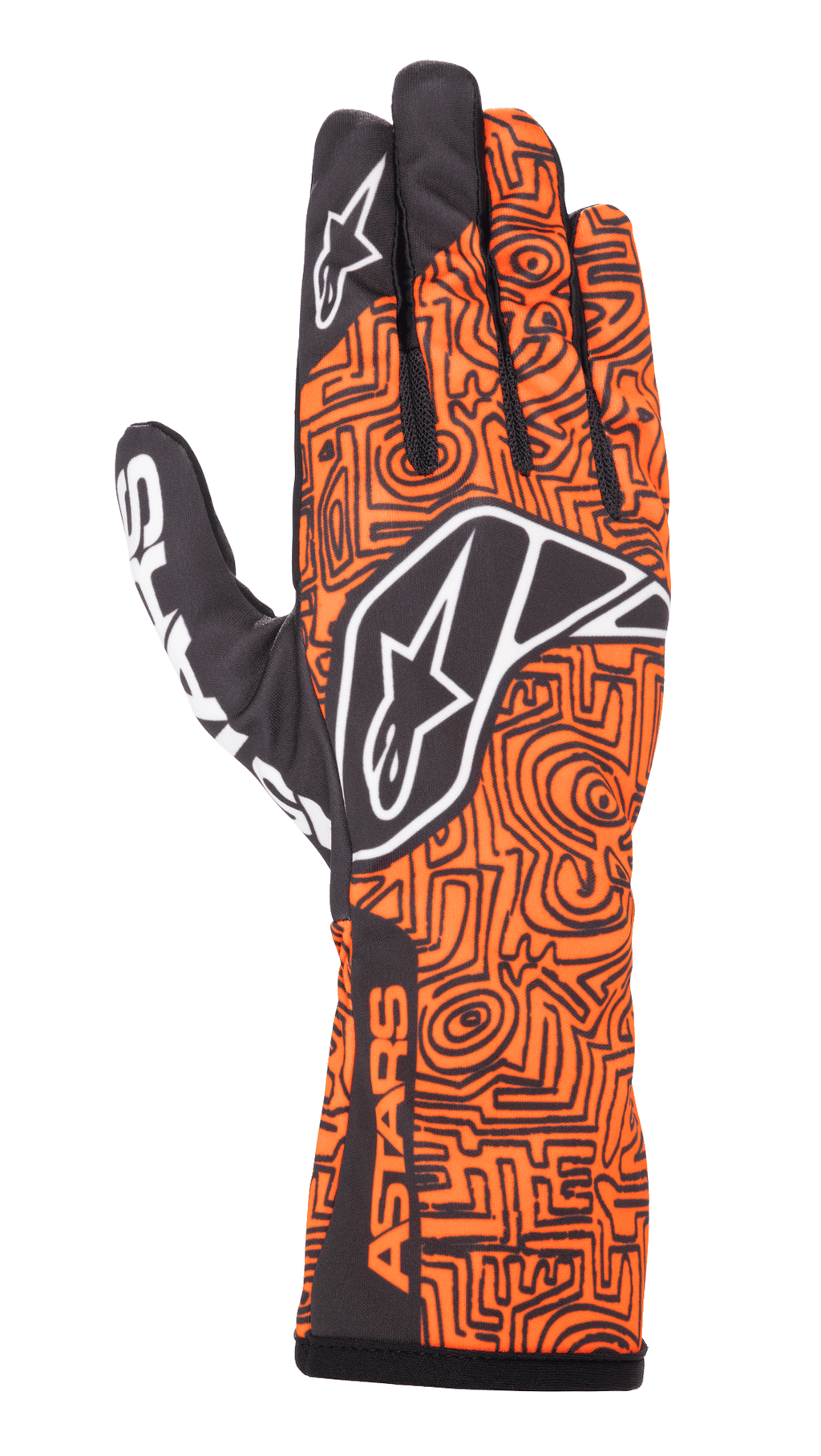 Alpinestars Tech-1 K Race V2 Vertical Handschuhe, Kart-Rennhandschuhe, Neon-Orange und Schwarz, aufwendiges labyrinthartiges geometrisches Muster, weißes Alpinestars-Logo auf dem Handrücken und Zeigefinger, ASTARS-Branding am Handgelenk, leichtes atmungsaktives Mesh-Design