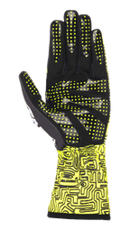 Alpinestars Tech-1 K Race V2 Vertical Handschuhe, Gelb Fluo und Schwarz, Handflächenansicht mit Fokus auf Silikon-Gripmuster und gelben Punkten, abstrakter Digitaldruck auf der Stulpe, spezielles Karting-Handschuhdesign