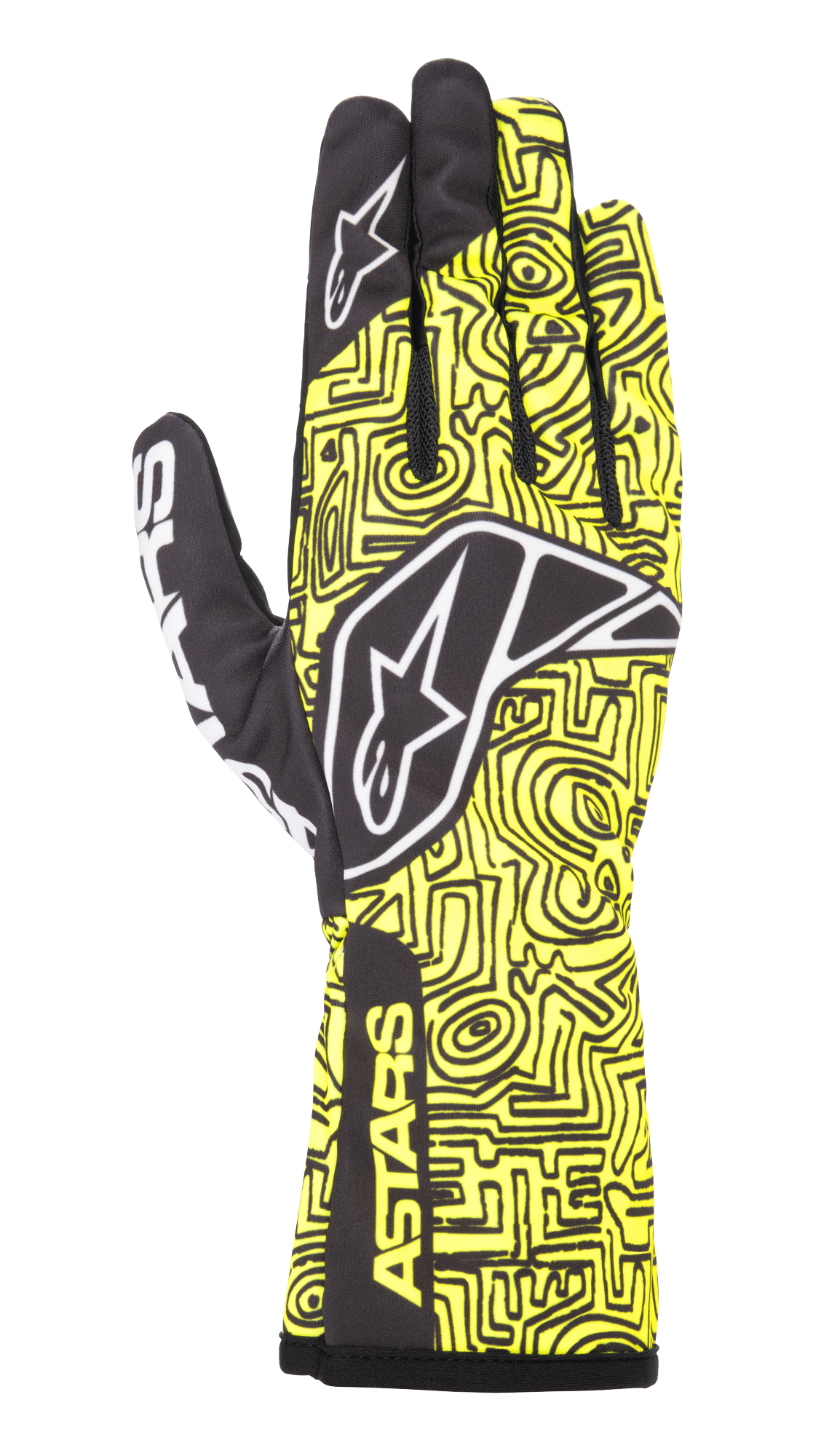 Alpinestars Tech-1 K Race V2 Vertical Handschuhe, Karting-Rennhandschuhe, Gelb Fluo und Schwarz, mit weißem Stern-Logo, komplexem abstrakten Linienmuster und ASTARS-Branding an der Manschette, leichtes Design für Motorsport-Performance