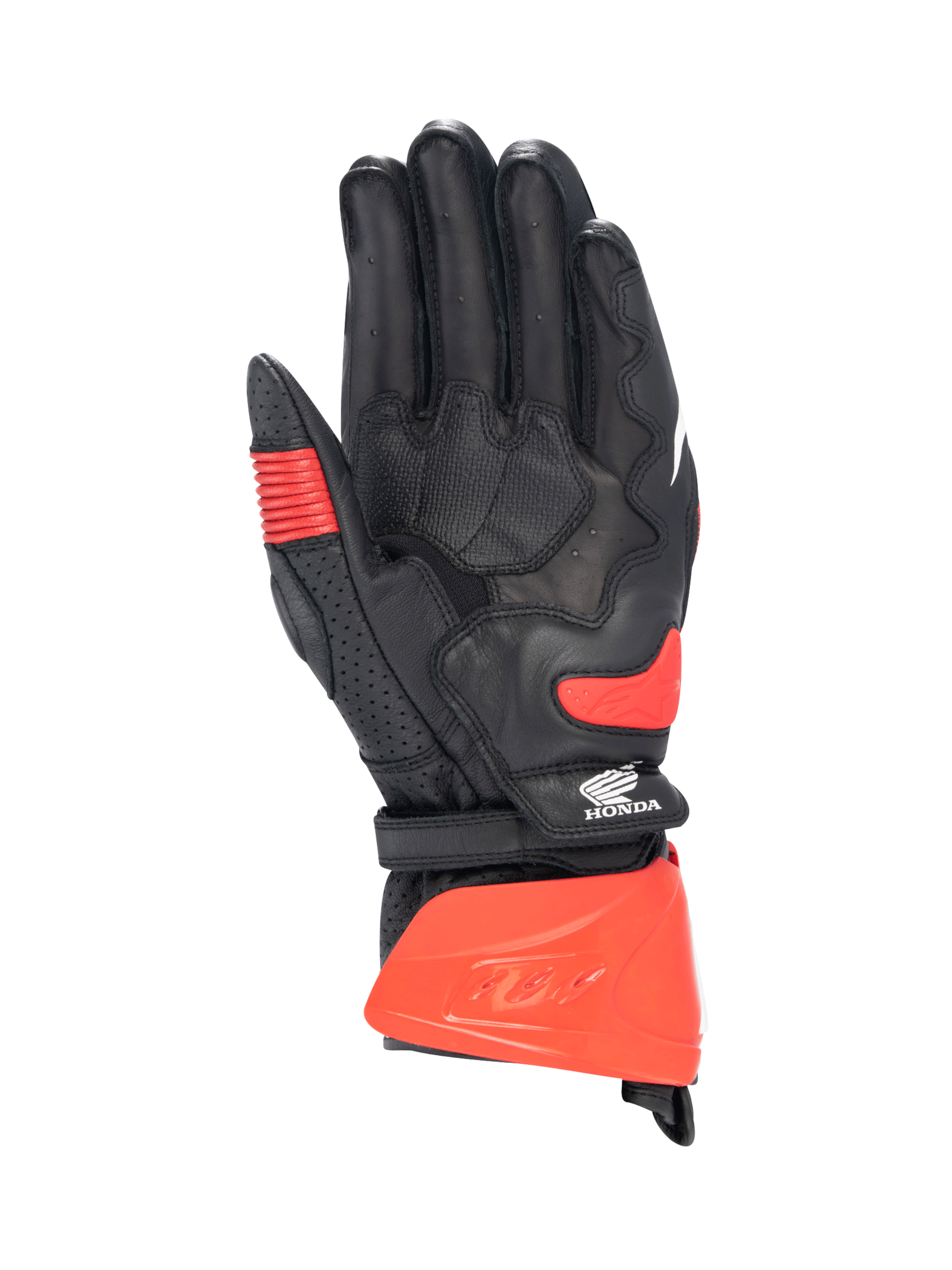 Alpinestars Honda GP Pro R3 Handschuhe, Motorradrenn-Stulpenhandschuhe für Herren, Schwarz und Hellrot, Handflächenansicht aus Känguruleder, CE-zertifiziert