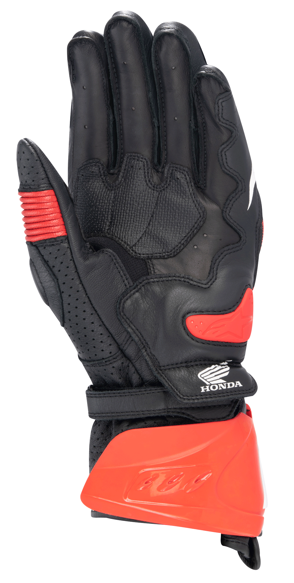 Alpinestars Honda GP Pro R3 Handschuhe, Rennsport-Stulpenhandschuhe, Schwarz und Hellrot, Handflächenansicht mit rotem Manschettenschutz, Handflächen-Hartschleifer und Honda-Logo, professionelle Motorrad-Rennausrüstung