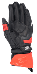Alpinestars Honda GP Pro R3 Handschuhe, Rennsport-Stulpenhandschuhe, Schwarz und Hellrot, Handflächenansicht mit rotem Manschettenschutz, Handflächen-Hartschleifer und Honda-Logo, professionelle Motorrad-Rennausrüstung