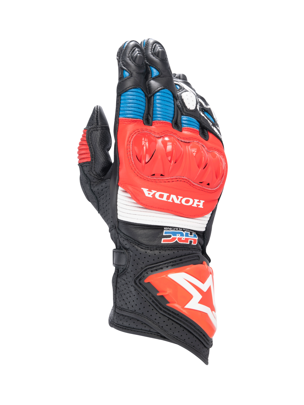 Alpinestars Honda GP Pro R3 Handschuhe, Racing-Stulpenhandschuhe aus Leder in Schwarz und Rot mit DFS-Knöchelschutz.