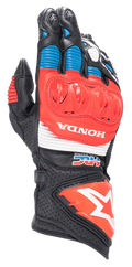 Alpinestars Honda GP Pro R3 Handschuhe, Motorrad-Rennhandschuhe, Schwarz mit leuchtend roten und blauen Akzenten, roter DFS-Hartschalen-Knöchelprotektor, weiße HONDA- und HRC-Logos, perforiertes Leder mit Akkordeon-Einsätzen, Alpinestars Stern-Logo auf der Manschette