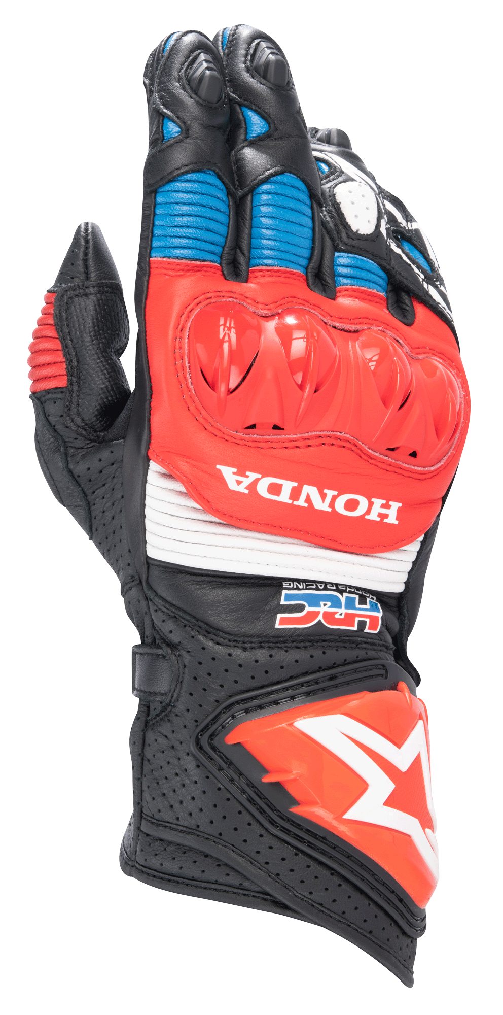 Alpinestars Honda GP Pro R3 Handschuhe, Motorrad-Rennhandschuhe, Schwarz mit leuchtend roten und blauen Akzenten, roter DFS-Hartschalen-Knöchelprotektor, weiße HONDA- und HRC-Logos, perforiertes Leder mit Akkordeon-Einsätzen, Alpinestars Stern-Logo auf der Manschette