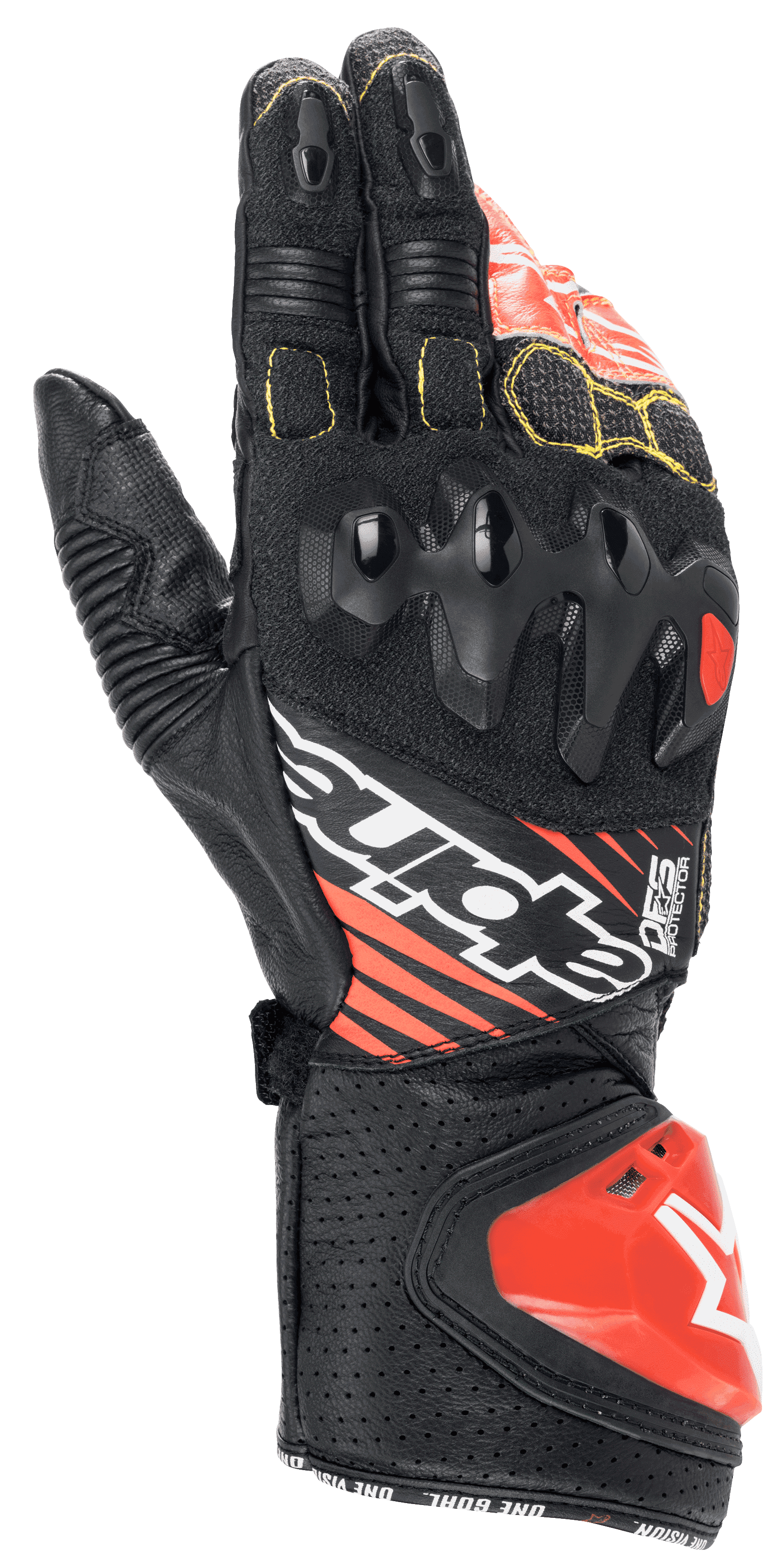 Alpinestars GP Tech V2 Handschuhe, Motorrad-Rennhandschuhe, Schwarz, Weiß und Fluo-Rot, mit Knöchelprotektor mit doppelter Dichte, perforiertes Leder mit gelben Nähten, roter DFS-Manschetten-Schleifer, professionelles Renndesign