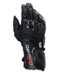 Alpinestars GP Pro R4 Gloves, Black Motorcycle Racing Gauntlet Gloves, featuring DFS knuckle and cuff protectors, premium leather construction with red and white branding, high-performance trackday protection