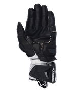 Alpinestars GP Pro R4 Gloves, Racing Motorcycle Gloves, Black Red Fluo White, palm view featuring black leather construction with perforated fingers, grip reinforcements, and white leather wrist section with a large protective gauntlet cuff.