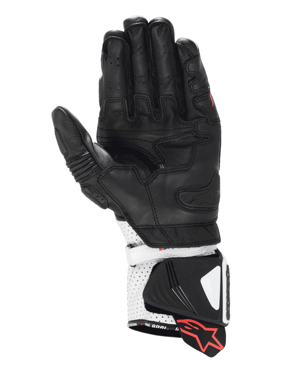 Alpinestars GP Pro R4 Handschuhe, Rennsport-Stulpenhandschuhe, Schwarz und Weiß, Ansicht der Handfläche mit Hochleistungs-Lederkonstruktion, perforierte Manschette mit Hartschiebern und roten Logo-Akzenten