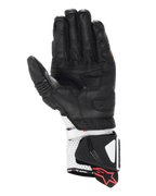 Alpinestars GP Pro R4 Handschuhe, Rennsport-Stulpenhandschuhe, Schwarz und Weiß, Ansicht der Handfläche mit Hochleistungs-Lederkonstruktion, perforierte Manschette mit Hartschiebern und roten Logo-Akzenten