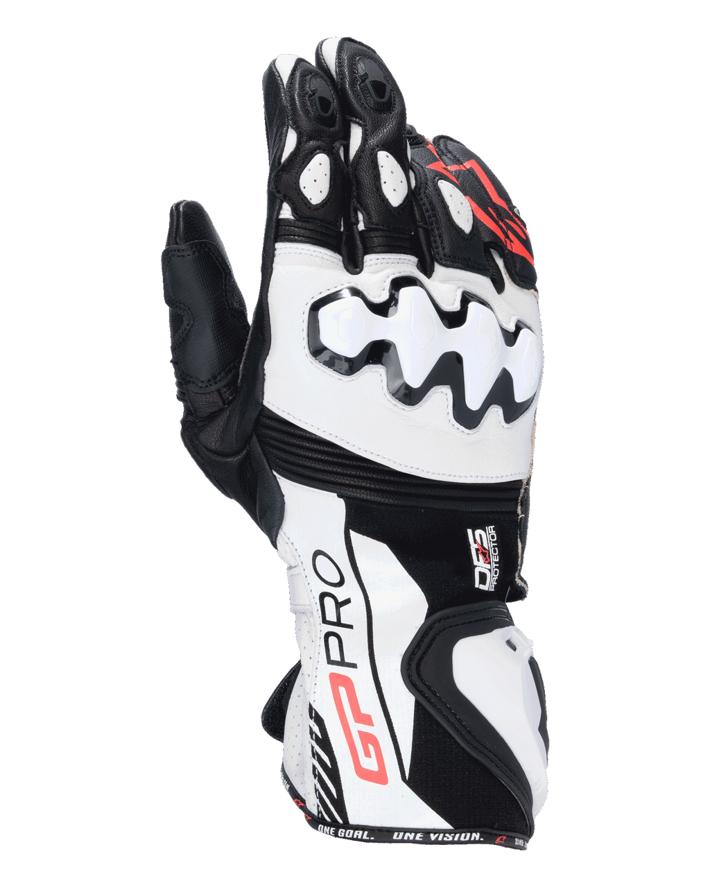 Alpinestars GP Pro R4 Handschuhe, Motorrad-Rennhandschuhe, Schwarz, Weiß und Rot, mit weißen DFS-Knöchelprotektoren, hochwertiger Lederkonstruktion und High-Performance-Design für die Rennstrecke.