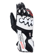 Alpinestars GP Pro R4 Handschuhe, Motorrad-Rennhandschuhe, Schwarz, Weiß und Rot, mit weißen DFS-Knöchelprotektoren, hochwertiger Lederkonstruktion und High-Performance-Design für die Rennstrecke.
