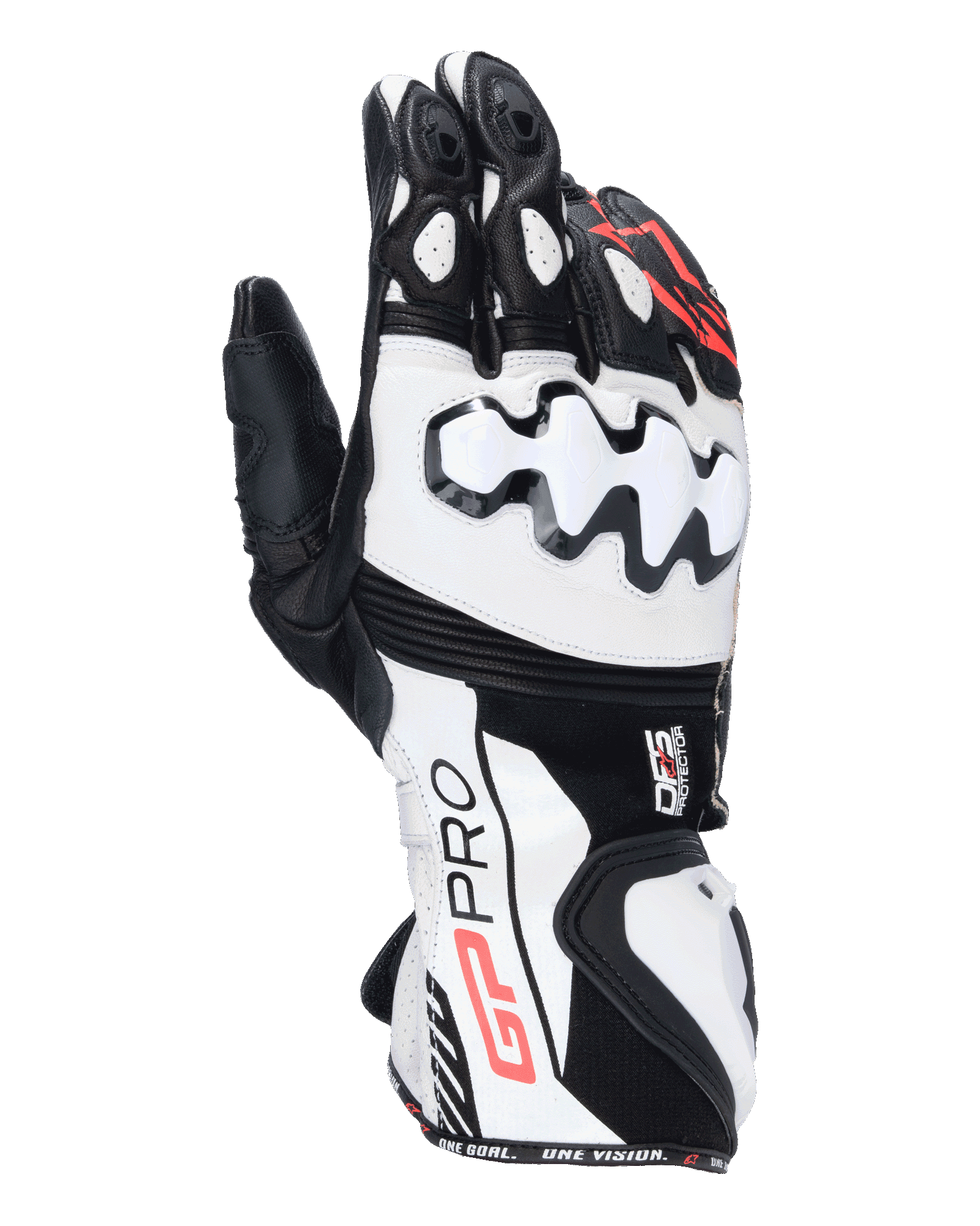 Alpinestars GP Pro R4 Handschuhe, Motorrad-Rennhandschuhe, Schwarz, Weiß und Rot, mit weißen DFS-Knöchelprotektoren, hochwertiger Lederkonstruktion und High-Performance-Design für die Rennstrecke.