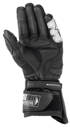 Alpinestars SP-2 V3 Gloves, Motorcycle Road Gloves, Black and White, palm view featuring full-grain leather construction, TPU palm slider, and adjustable cuff with Safe Retention strap and Alpinestars branding