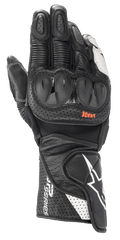 Alpinestars SP-2 V3 Gloves, Motorcycle Racing Gloves, Black and White, featuring hard TPU knuckle protectors, perforated leather for ventilation, long gauntlet cuff with white star logo and SP Series branding