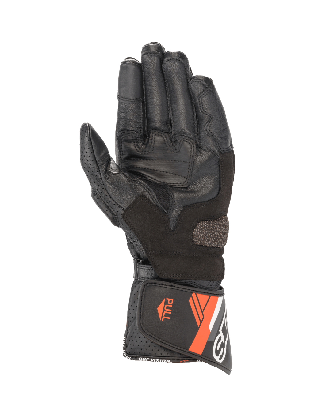 Alpinestars SP-8 V3 Leder-Motorradhandschuhe für Herren, Schwarz und Rot Fluo, Handflächenansicht mit Griffeinsätzen und sicherem Manschettenverschluss.