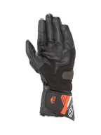 Alpinestars SP-8 V3 Leder-Motorradhandschuhe für Herren, Schwarz und Rot Fluo, Handflächenansicht mit Griffeinsätzen und sicherem Manschettenverschluss.