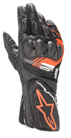 Alpinestars SP-8 V3 Gloves, Leather Motorcycle Racing Gloves, Black and Red Fluo, featuring reinforced dual-density knuckle protection, perforated leather panels, and SP-8 branding, sport performance design