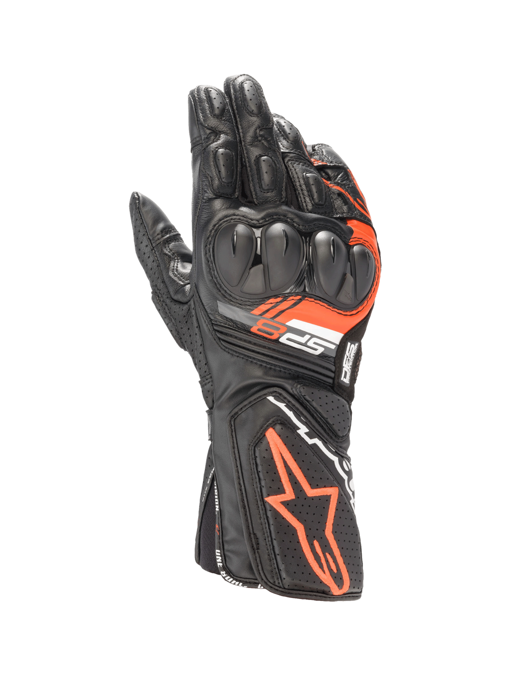 Alpinestars SP-8 V3 Lederhandschuhe in Schwarz und Rot Fluo, Motorradhandschuhe mit SP-Knöchelschutz für den Rennsport.