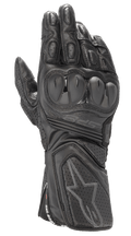 Alpinestars SP-8 V3 Gloves, Black Leather Motorcycle Racing Gloves, All-Black, featuring dual-density knuckle protection, perforated leather panels, and a secure cuff with an embossed star logo and SP-8 branding.