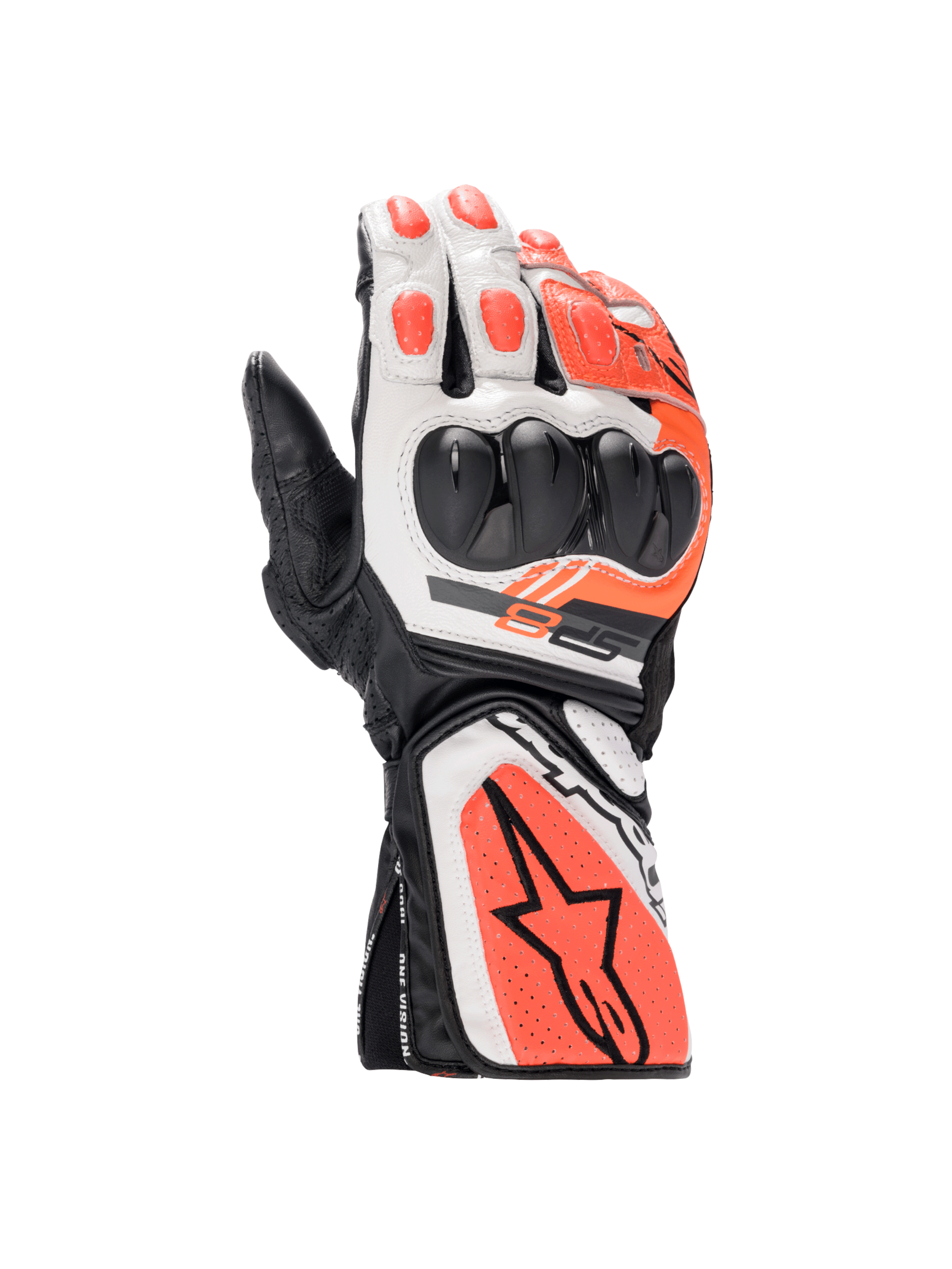 Alpinestars SP-8 V3 Motorradhandschuhe, Rennsport-Lederhandschuhe in Schwarz, Weiß und Rot Fluo, mit doppeltem Knöchelschutz.