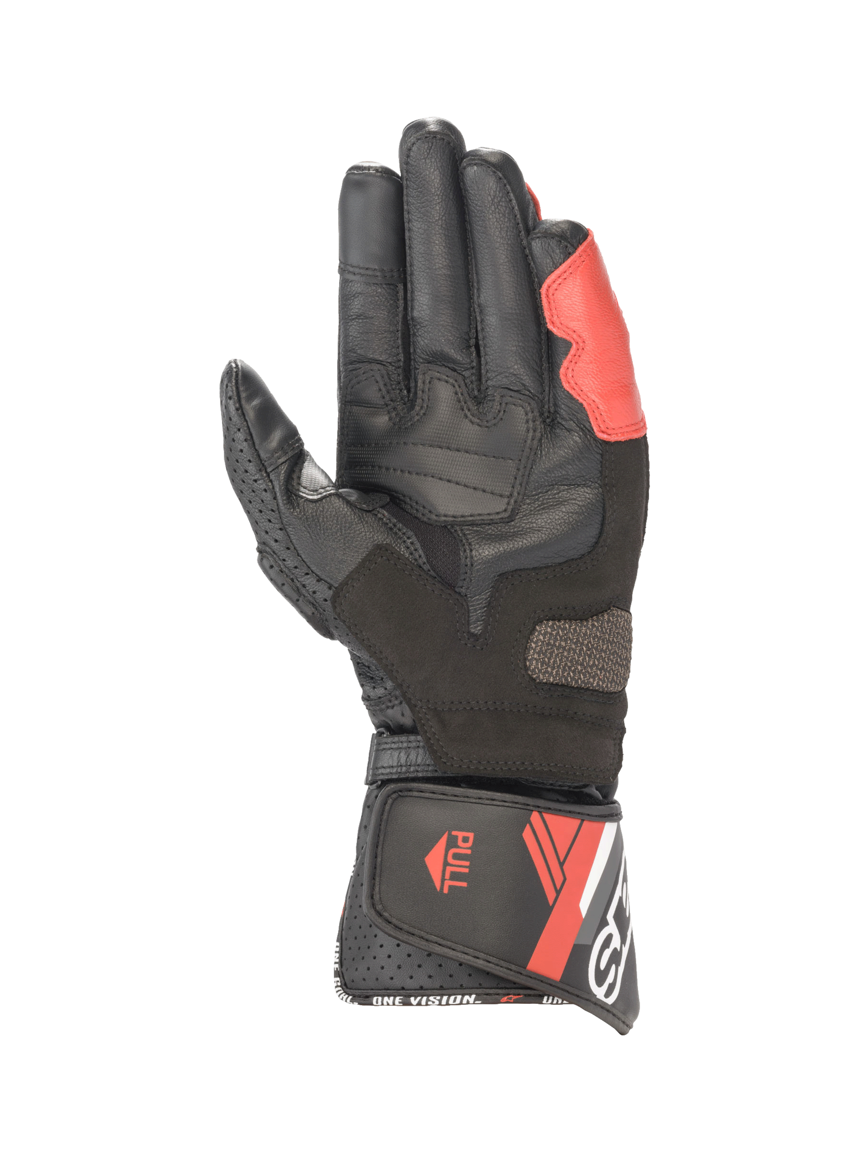 Alpinestars SP-8 V3 Handschuhe, Motorradhandschuhe aus Leder, Schwarz und Rot, Handflächenansicht mit Grip-Einsatz.