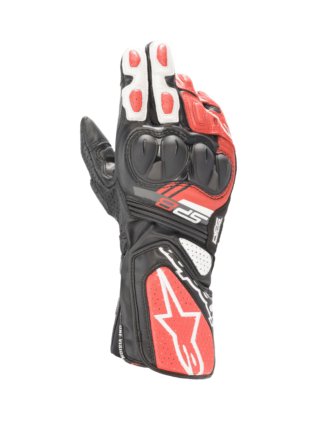 Alpinestars SP-8 V3 Motorradhandschuhe für Herren, Schwarz, Weiß und Hellrot, Leder mit SP-Knöchelschutz, Racing-Stil.