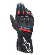 Alpinestars Honda SP-8 V3 Gloves, Motorcycle Racing Gloves, Black with Bright Red and Blue accents, featuring hard dual-density knuckle protection, perforated leather construction, Honda branding on the wrist, and a large white Alpinestars logo on the cuff.