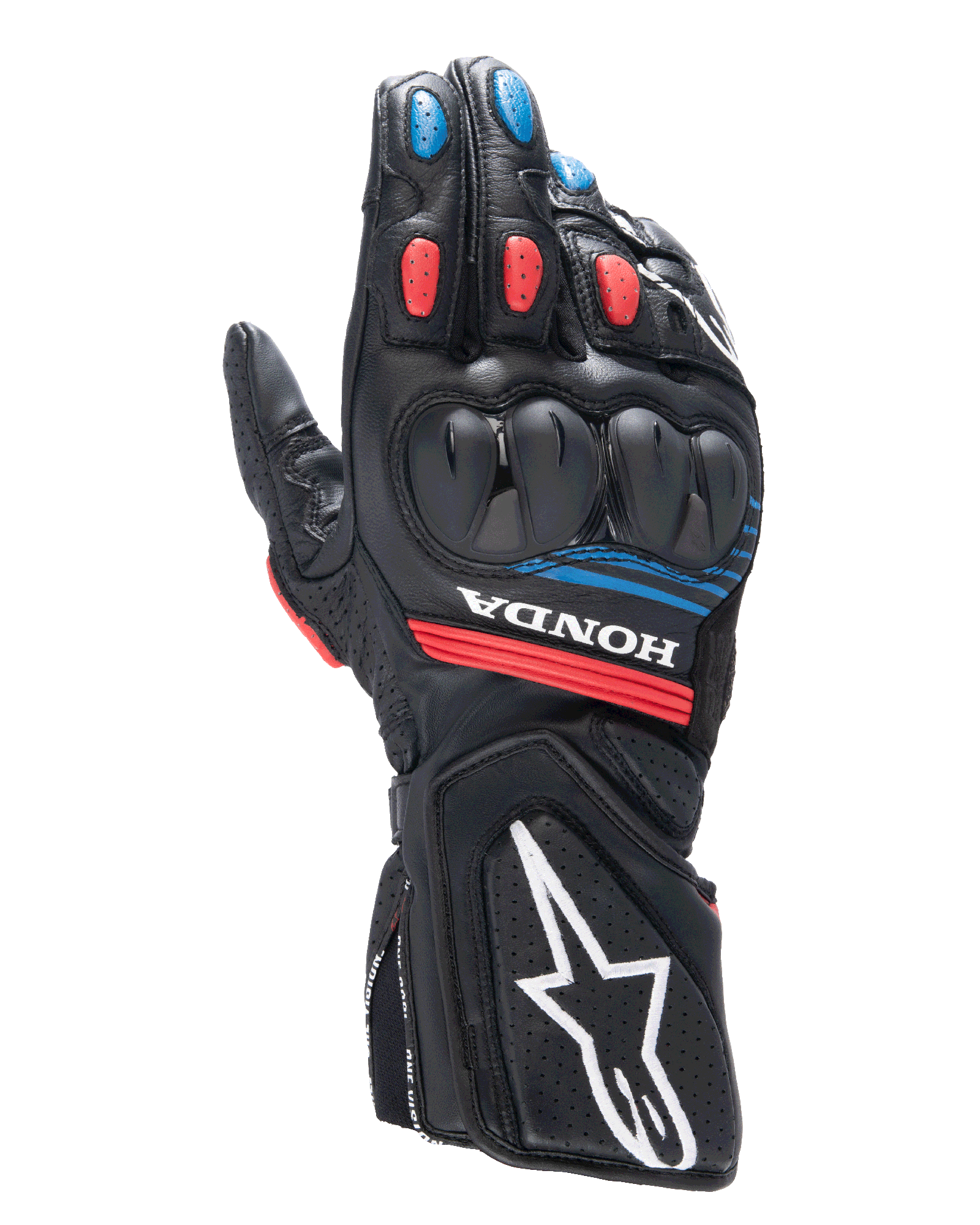 Alpinestars Honda SP-8 V3 Gloves, Motorcycle Racing Gloves, Black with Bright Red and Blue accents, featuring hard dual-density knuckle protection, perforated leather construction, Honda branding on the wrist, and a large white Alpinestars logo on the cuff.
