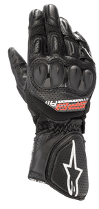 Alpinestars SP-8 V3 Air Gloves, Motorcycle Racing Gloves, Black with Red and White accents, featuring hard knuckle protectors, perforated leather, and 3D mesh panels for ventilation