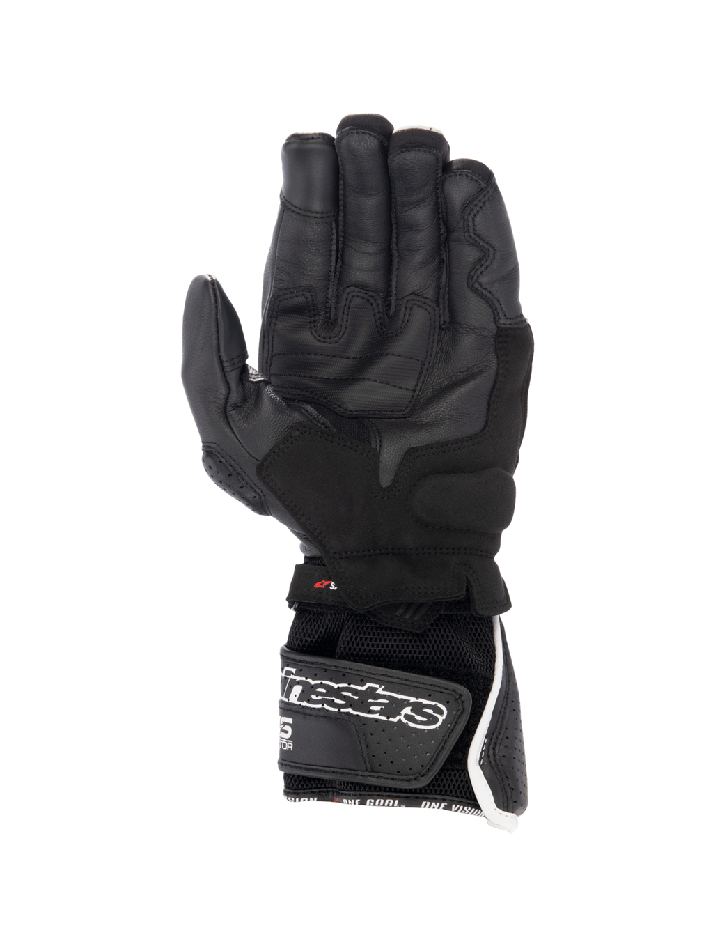 Alpinestars SP-8 V3 Air Handschuhe, Motorrad-Rennsport-Handschuhe für Herren, Schwarz und Weiß, Innenansicht der griffigen Handfläche aus perforiertem Leder mit Klettverschluss am Handgelenk.