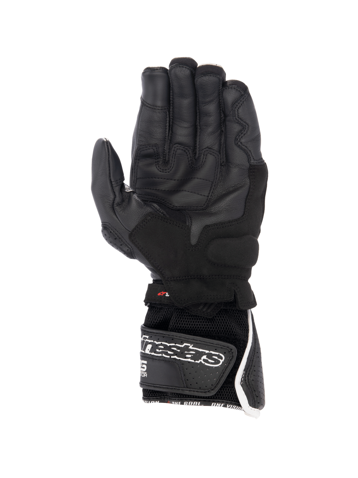 Alpinestars SP-8 V3 Air Handschuhe, Motorrad-Rennsport-Handschuhe für Herren, Schwarz und Weiß, Innenansicht der griffigen Handfläche aus perforiertem Leder mit Klettverschluss am Handgelenk.