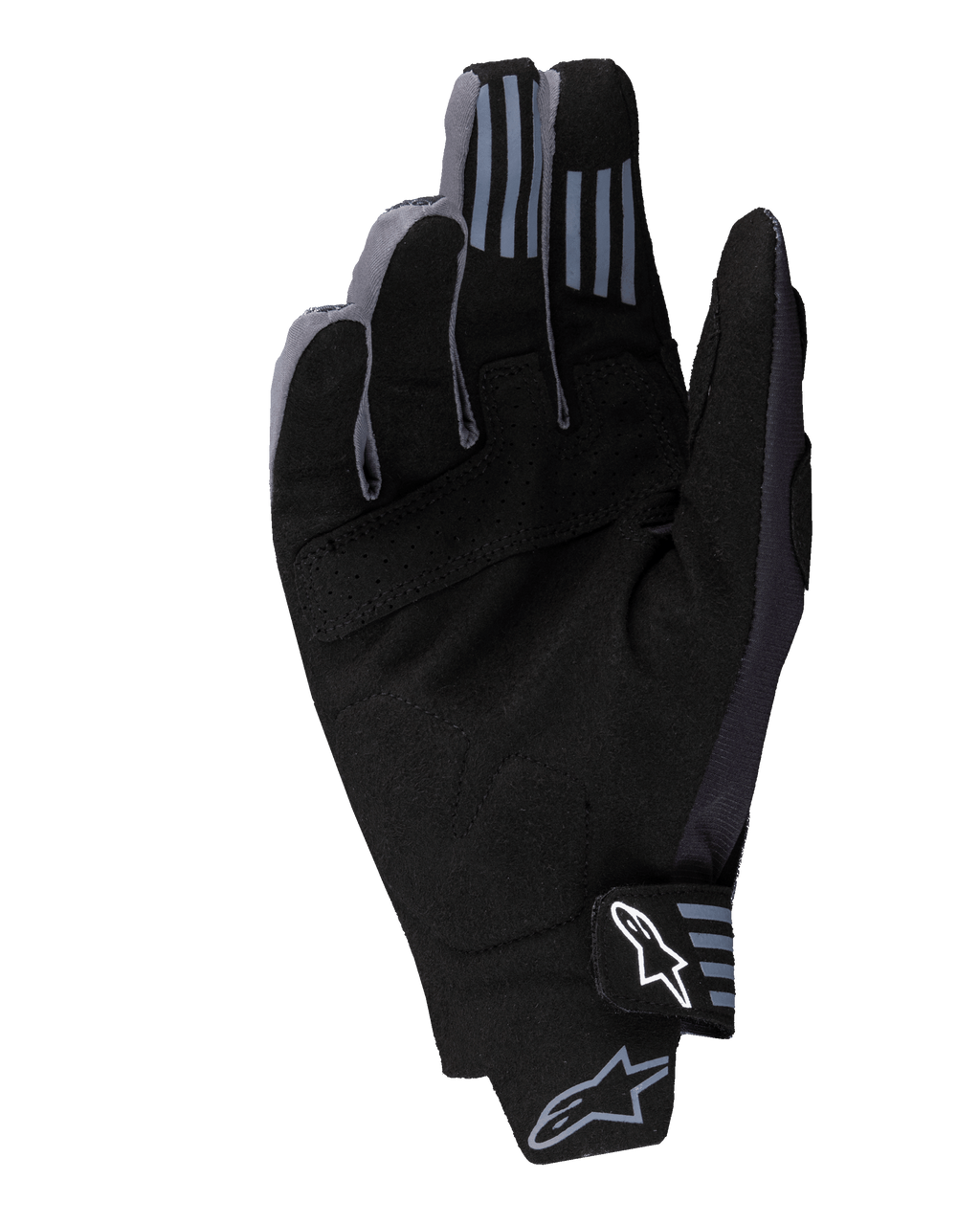 Alpinestars 2025 Techstar Handschuhe, Motocross-Handschuhe, Schwarz, Handflächenansicht mit synthetischem Wildledermaterial und perforierten Details, Silikon-Grip an den Fingerspitzen und weißem Alpinestars-Logo am Handgelenkverschluss.