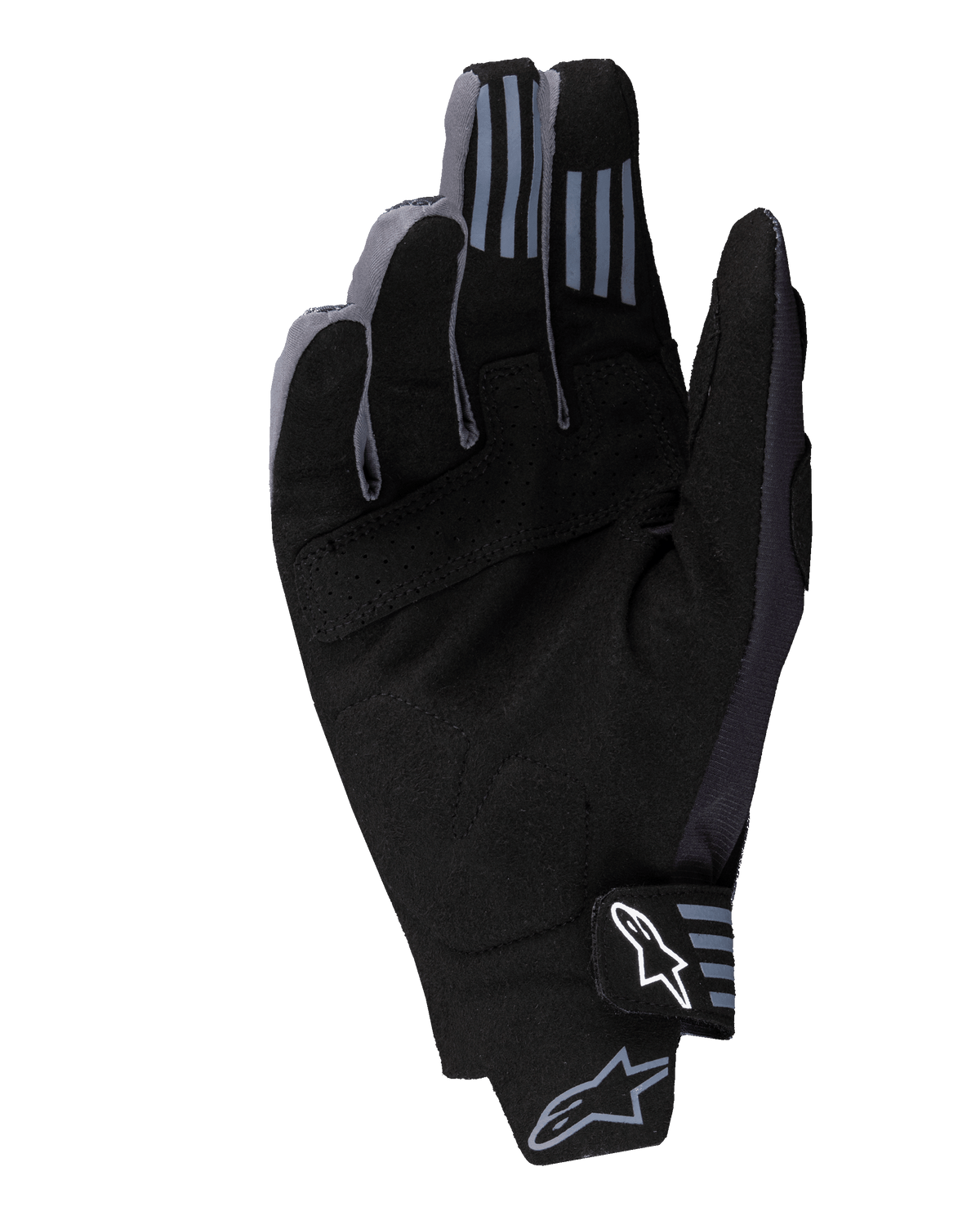 Alpinestars 2025 Techstar Handschuhe, Motocross-Handschuhe, Schwarz, Handflächenansicht mit synthetischem Wildledermaterial und perforierten Details, Silikon-Grip an den Fingerspitzen und weißem Alpinestars-Logo am Handgelenkverschluss.