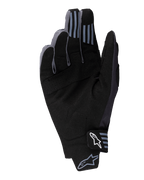 Alpinestars 2025 Techstar Handschuhe, Motocross-Handschuhe, Schwarz, Handflächenansicht mit synthetischem Wildledermaterial und perforierten Details, Silikon-Grip an den Fingerspitzen und weißem Alpinestars-Logo am Handgelenkverschluss.