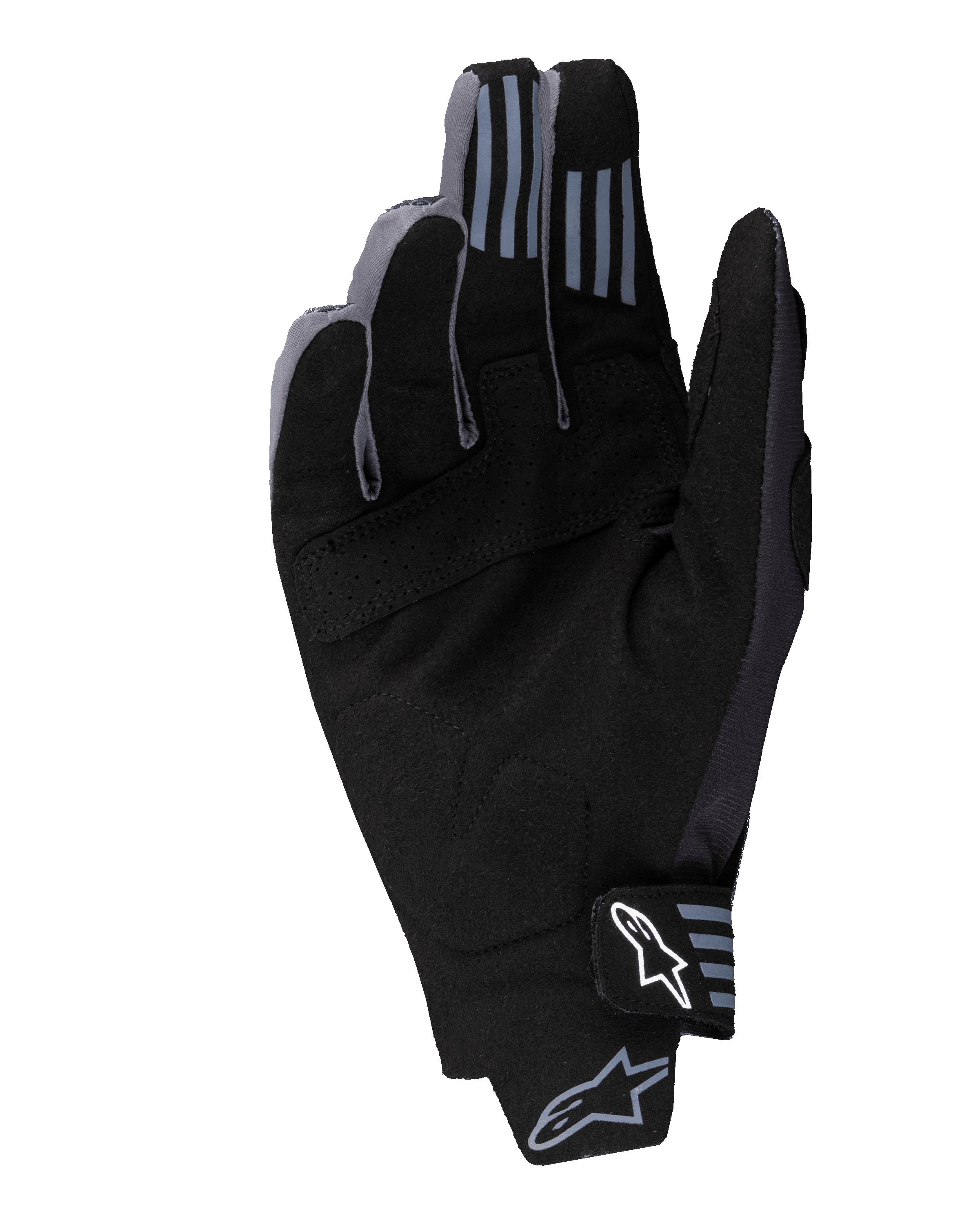 Alpinestars 2025 Techstar Handschuhe, Motocross-Handschuhe, Schwarz, Handflächenansicht mit synthetischem Wildledermaterial und perforierten Details, Silikon-Grip an den Fingerspitzen und weißem Alpinestars-Logo am Handgelenkverschluss.