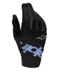 Alpinestars 2025 Techstar Handschuhe, Motocross-Handschuhe, Schwarz mit hellblauen und grauen Akzenten, mit großem hellblauem Branding und kleinem grauem Stern-Logo, Stretch-Ripstop und Neopren auf der Oberhand für den Offroad-Rennsport