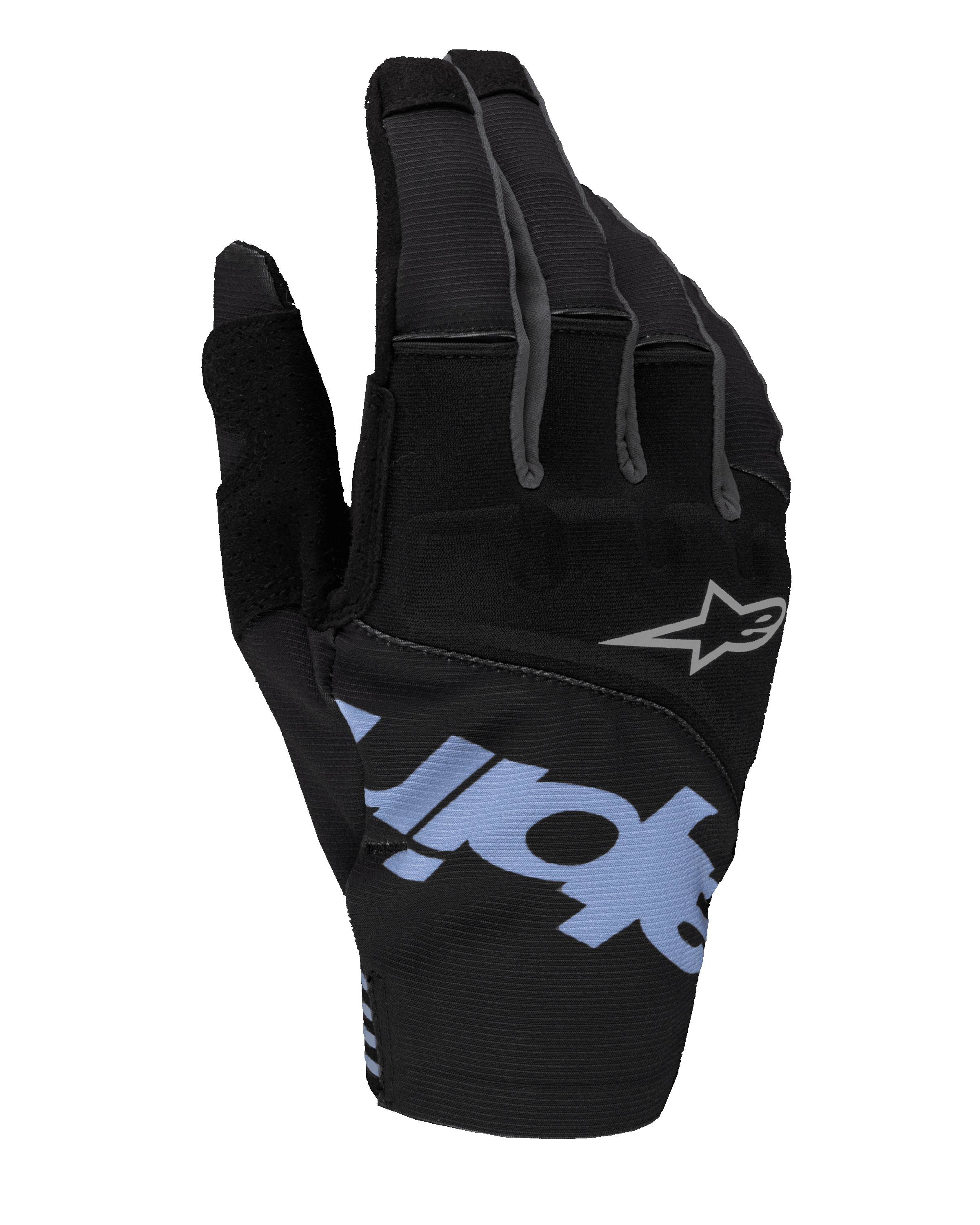 Alpinestars 2025 Techstar Handschuhe, Motocross-Handschuhe, Schwarz mit hellblauen und grauen Akzenten, mit großem hellblauem Branding und kleinem grauem Stern-Logo, Stretch-Ripstop und Neopren auf der Oberhand für den Offroad-Rennsport