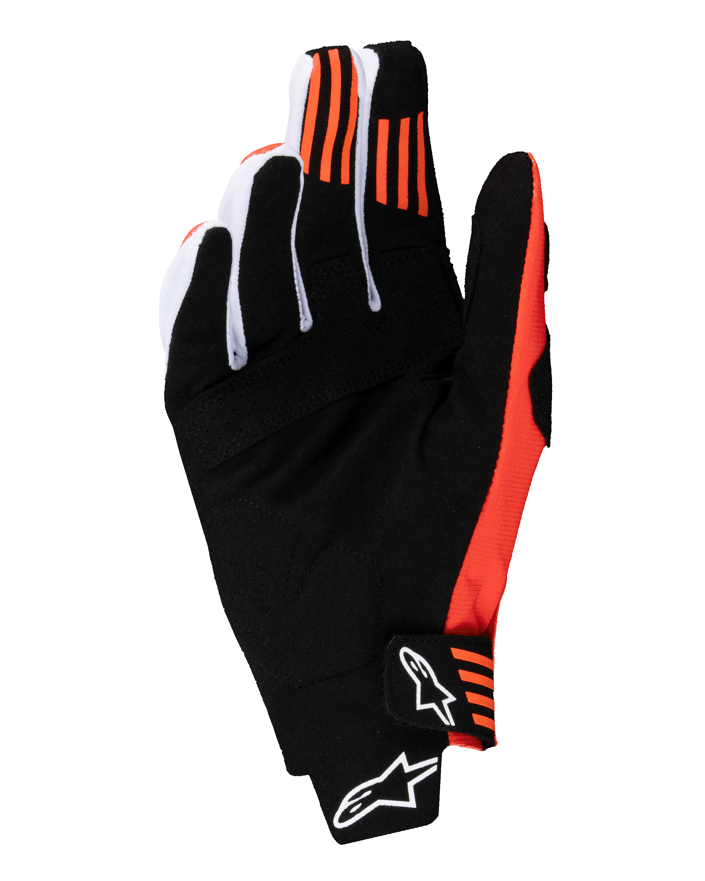 Alpinestars 2025 Techstar Handschuhe, Motocross-Handschuhe, Schwarz und Hot Orange, Handflächenansicht mit synthetischem Wildleder, orangefarbenem Silikon-Grip an Zeige- und Mittelfinger sowie geformtem Verschluss mit weißem Alpinestars-Logo.