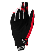 Alpinestars 2025 Techstar Handschuhe, Motocross-Handschuhe, Schwarz und Hellrot, Handflächenansicht mit Konstruktion aus synthetischem Wildleder, rote Silikon-Grip-Streifen an den Fingern und geformter Handgelenkverschluss mit weißen Alpinestars-Logos