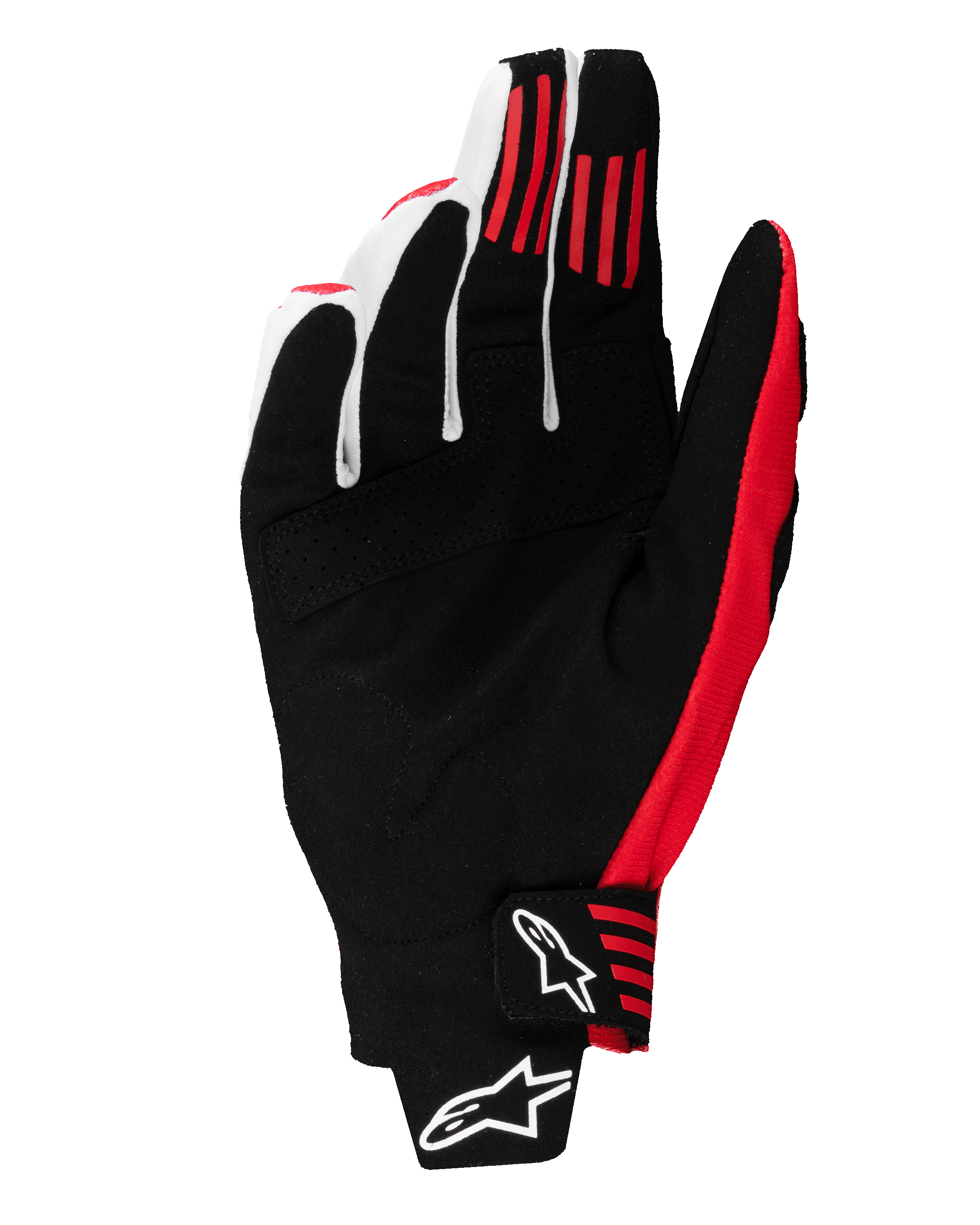 Alpinestars 2025 Techstar Handschuhe, Motocross-Handschuhe, Schwarz und Hellrot, Handflächenansicht mit Konstruktion aus synthetischem Wildleder, rote Silikon-Grip-Streifen an den Fingern und geformter Handgelenkverschluss mit weißen Alpinestars-Logos