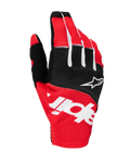 Alpinestars 2025 Techstar Handschuhe, Motocross-Handschuhe, Schwarz und Hellrot mit weißen Akzenten, mit großem sublimiertem Alpinestars-Branding auf der Oberhand und Stern-Logo auf den Knöcheln, strapazierfähiges Stretchgewebe für den Offroad-Rennsport