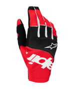 Alpinestars 2025 Techstar Handschuhe, Motocross-Handschuhe, Schwarz und Hellrot mit weißen Akzenten, mit großem sublimiertem Alpinestars-Branding auf der Oberhand und Stern-Logo auf den Knöcheln, strapazierfähiges Stretchgewebe für den Offroad-Rennsport
