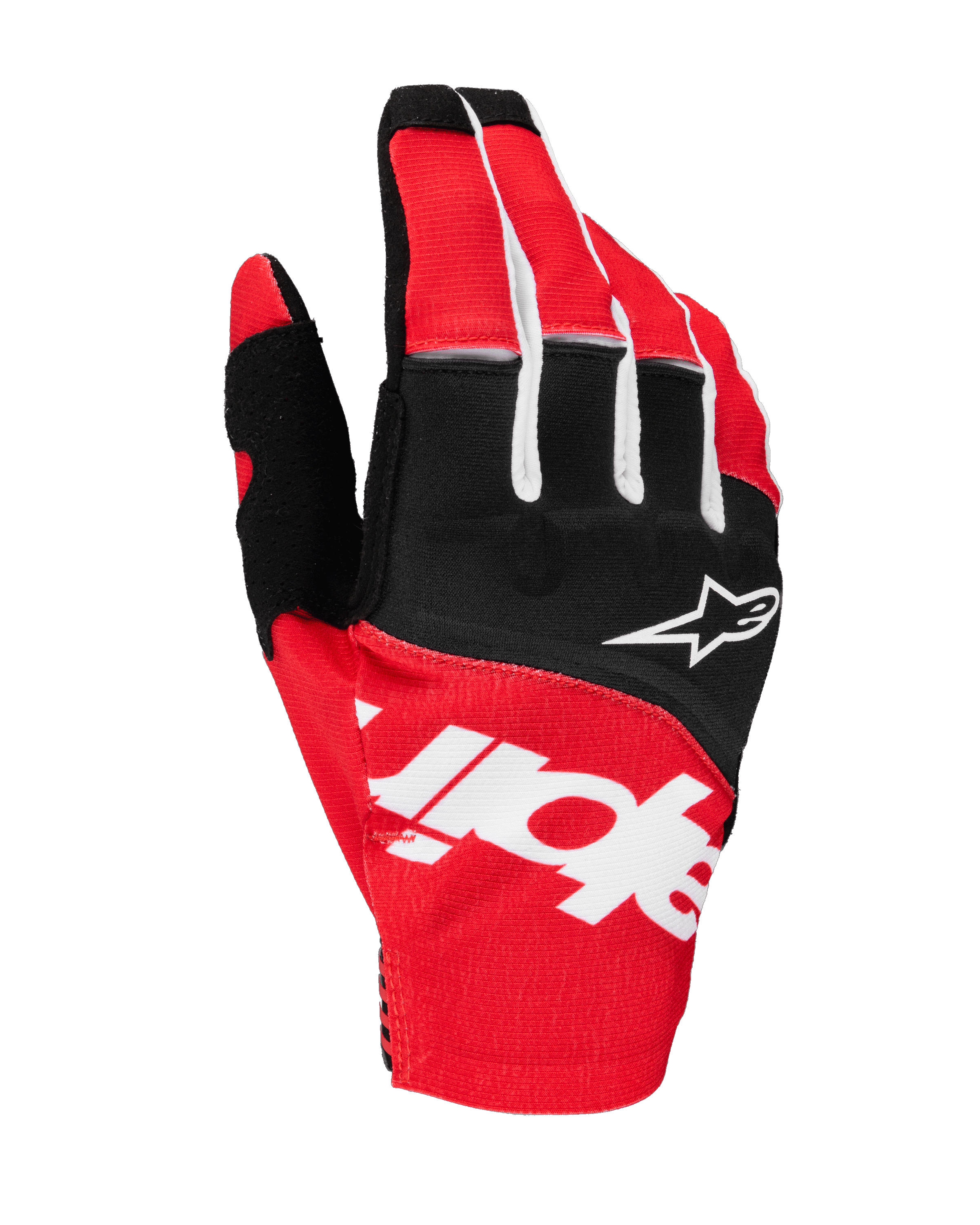 Alpinestars 2025 Techstar Handschuhe, Motocross-Handschuhe, Schwarz und Hellrot mit weißen Akzenten, mit großem sublimiertem Alpinestars-Branding auf der Oberhand und Stern-Logo auf den Knöcheln, strapazierfähiges Stretchgewebe für den Offroad-Rennsport