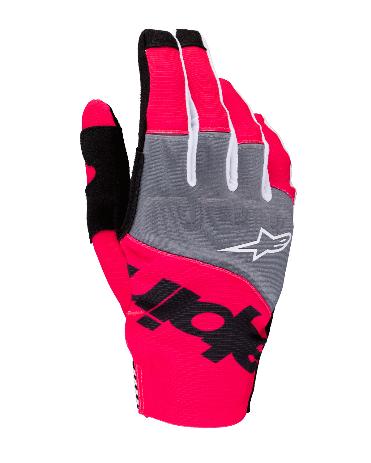 Alpinestars 2025 Techstar Handschuhe, Motocross-Handschuhe, Pink Fluo, Grau und Schwarz, mit grauen Knöchel-Panels und weißem Logo, markantes schwarzes Branding auf neonpinkem Stretchmaterial, leichtes Design mit weißen Akzenten für Offroad-Performance