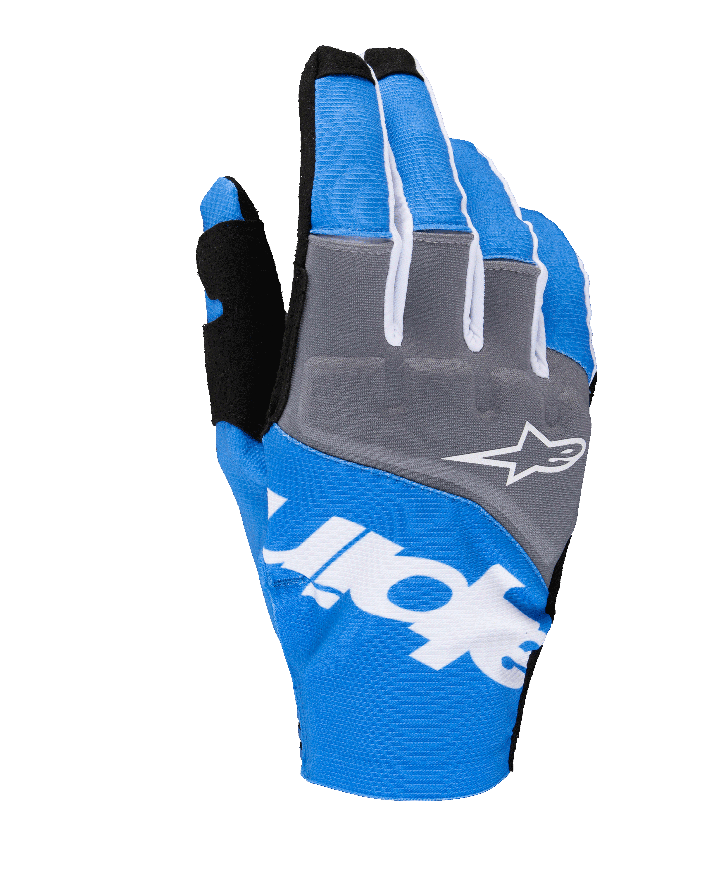 Alpinestars 2025 Techstar Handschuhe, Motocross-Rennhandschuhe, Blau und Grau mit weißen und schwarzen Akzenten, weißes Stern-Logo auf dem Knöchelbereich, markantes weißes Branding auf dem Handrücken, gerippte Textilkonstruktion für den Offroad-Rennsport