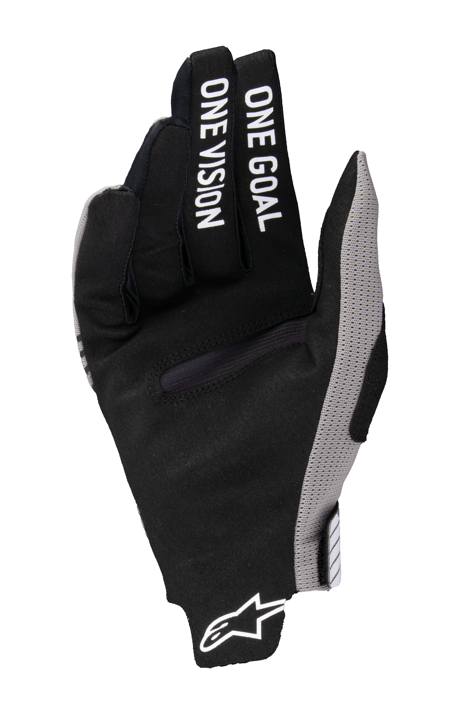 Alpinestars 2025 Radar Pro Handschuhe, Motocross-Handschuhe, Schwarz mit grauen Akzenten, Handflächenansicht mit „ONE GOAL ONE VISION“-Aufdruck auf den Fingern, synthetisches Wildledermaterial, minimalistisches Design für Offroad-Performance