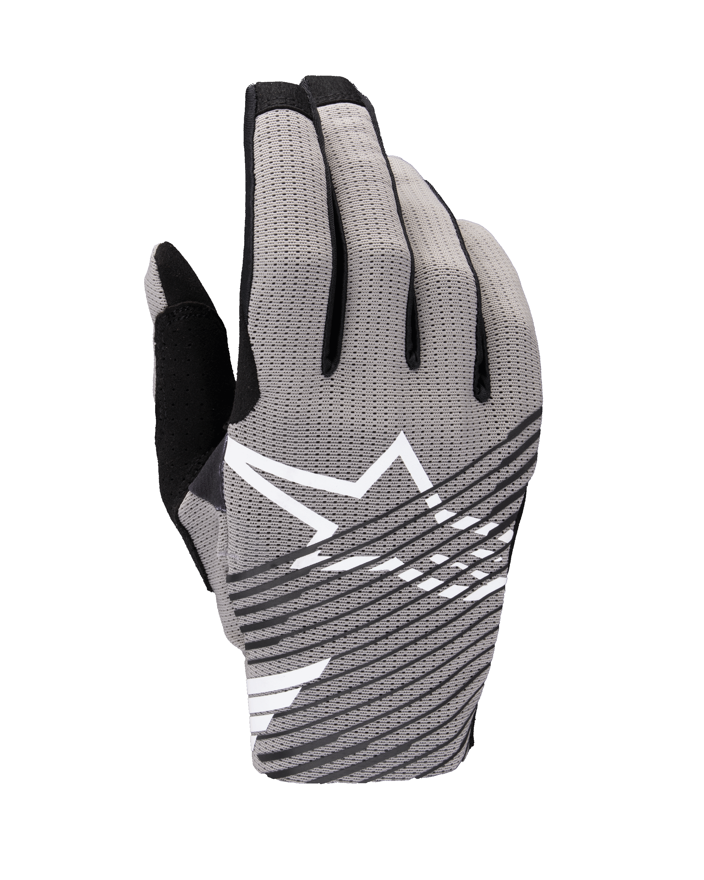 Alpinestars 2025 Radar Pro Handschuhe, Motocross-Handschuhe, Grau und Schwarz, Ansicht der Oberhand mit atmungsaktivem 4-Wege-Stretch-Mesh, weißes Stern-Logo mit schwarzen diagonalen Streifen, entwickelt für Performance und Luftzirkulation