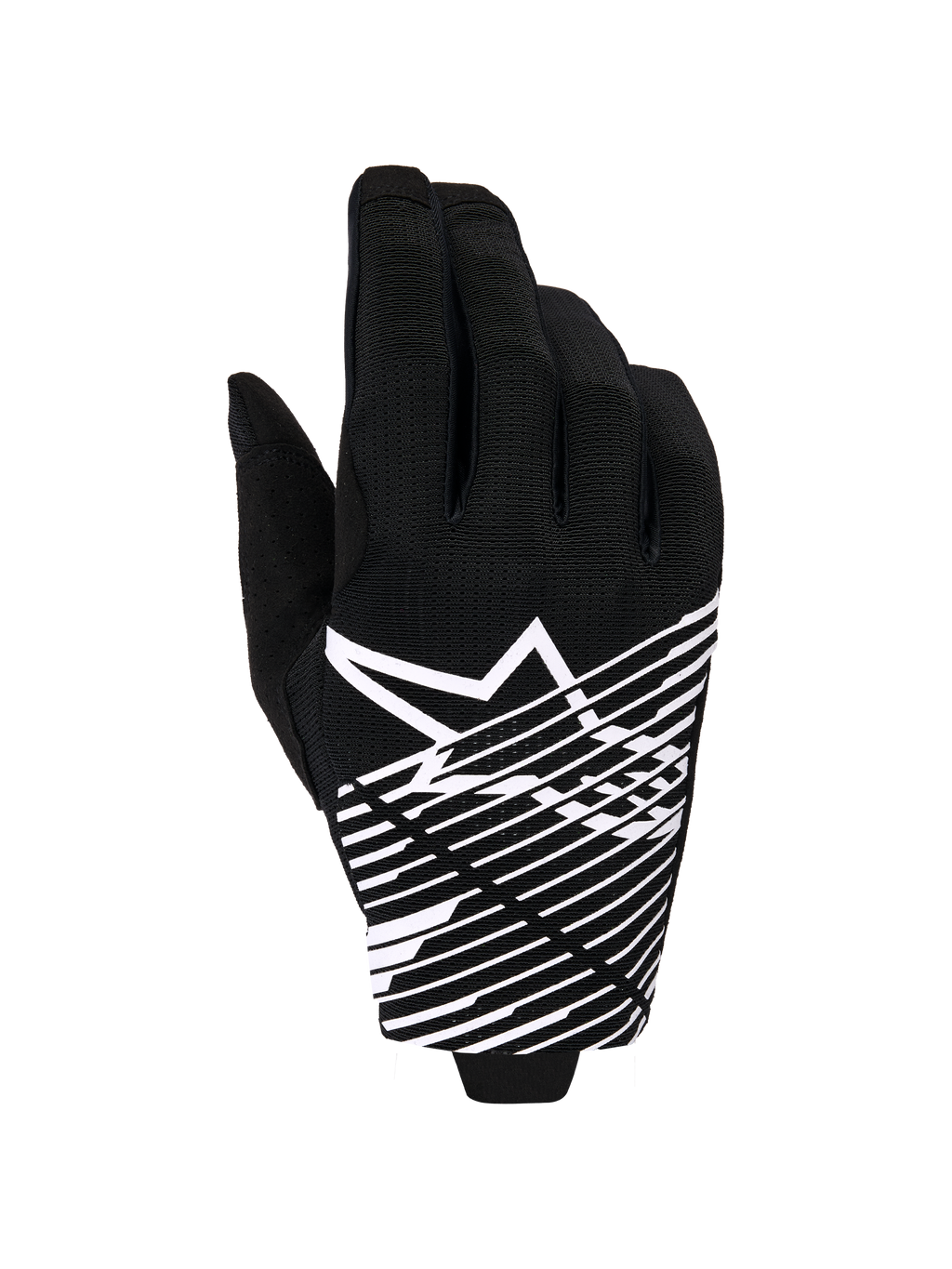 Alpinestars 2026 Radar Pro Handschuhe, Motocross-Handschuhe, Schwarz und Weiß, mit weißem Stern-Logo und diagonalen Liniengrafiken auf dem Handrücken, atmungsaktives Mesh-Material mit perforierten Details, Performance-Offroad-Styling